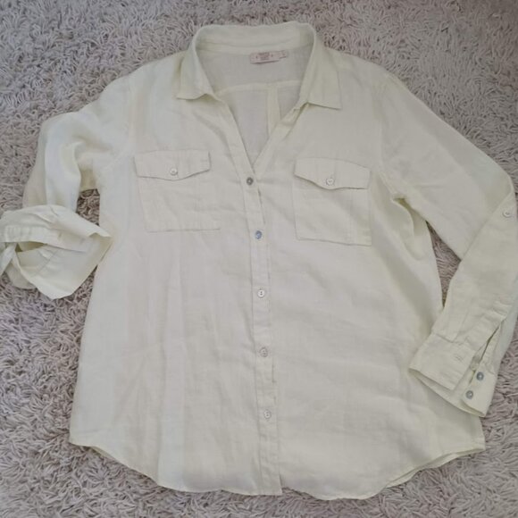 Paradise Shores Women’s L Linen Button Up Shirt Yellow Long Sleeve Summer - Picture 1 of 8
